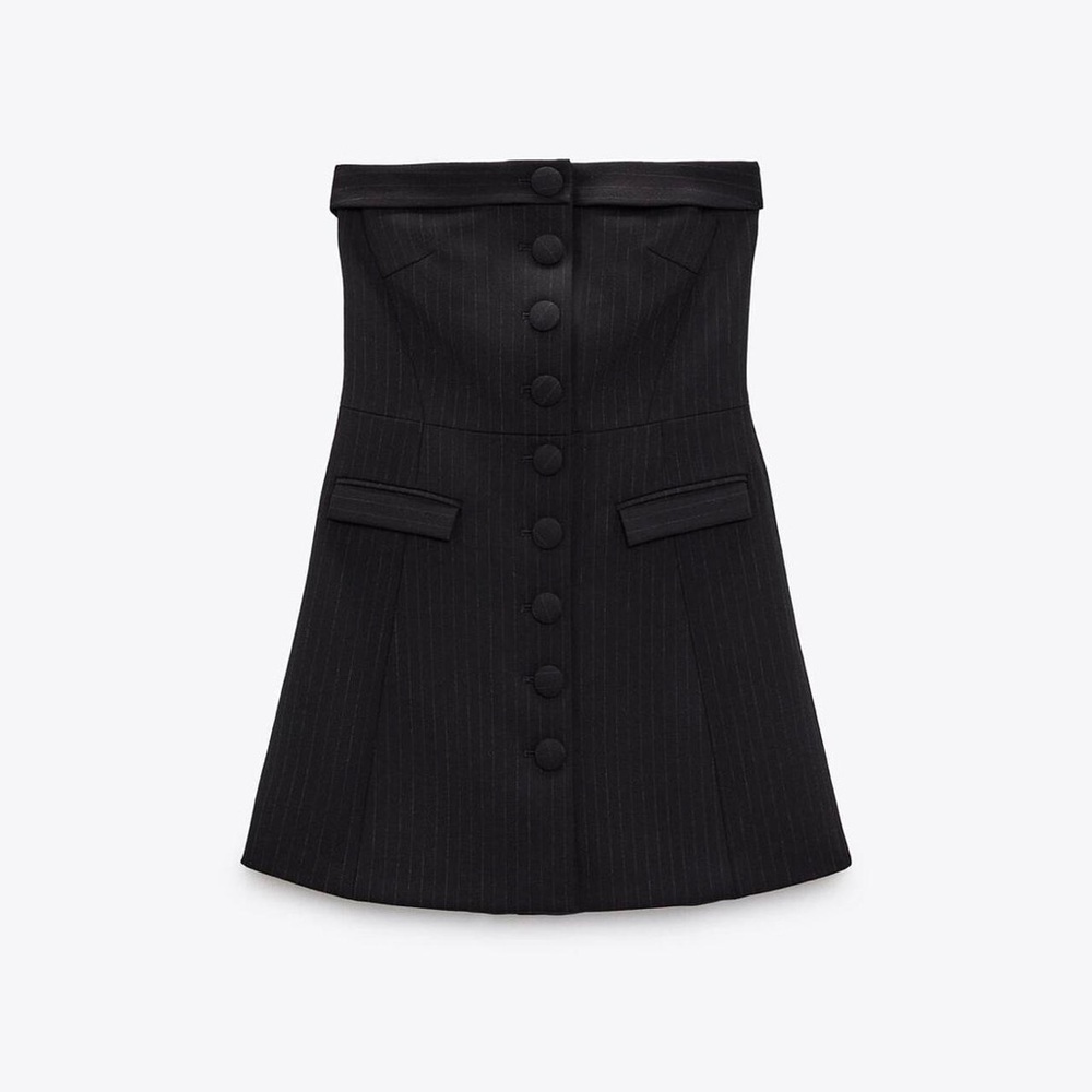 Zara Strapless Pinstripe Mini Dress Navy Size S NWT